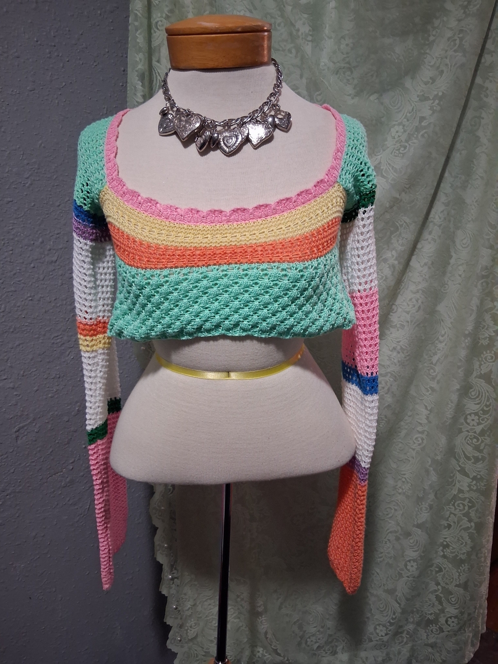 Pastel Multi-Striped Off-the-Shoulder Crochet Sweater Top